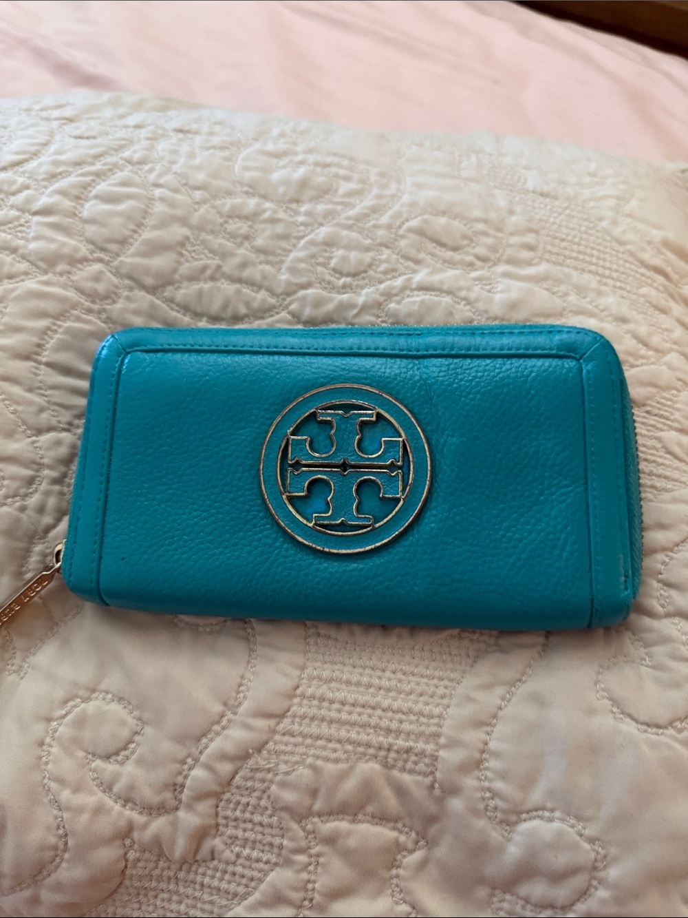 Tory Burch Teal Zip Around Leather Wallet